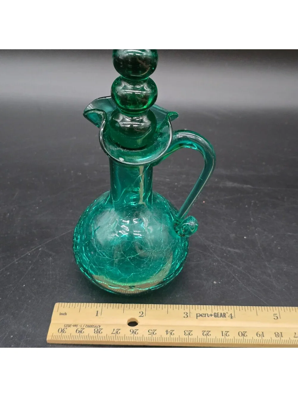 Vintage MCM Green Crackle Glass Miniature Cruet Pitcher Original Ball Stopper
